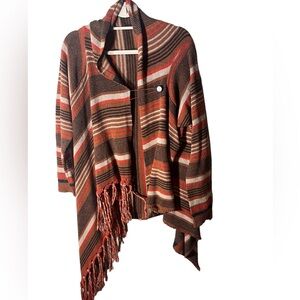 Multicolored Cowl Neck Cardigan Asymmetrical and Fringed Long Sleeves and Cuffed